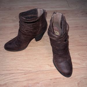 Brown Heeled Leather Boots, Fergalicious. Size 8 zipper back.